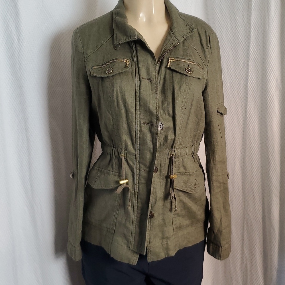 International Concepts Womens Military Jacket Olive Green Pure 100% Linen Small